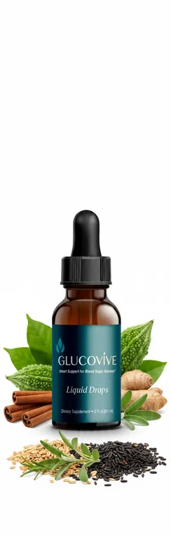 Glucovive blood sugar support liquid drops bottle surrounded by botanical ingredients: green leaves, cinnamon bark and seeds
